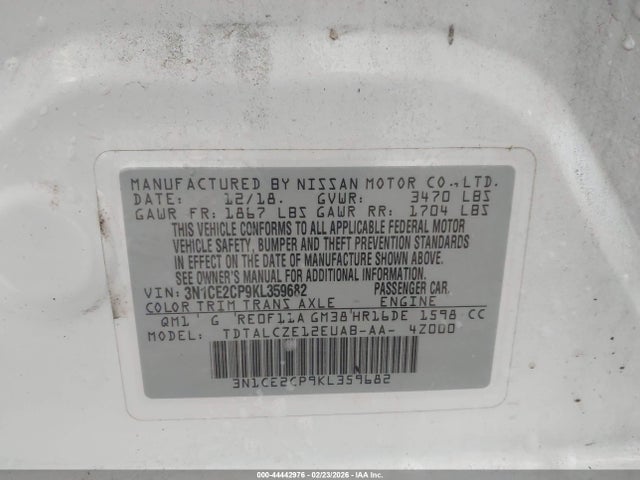 44442976 :رقم المزاد ، 3N1CE2CP9KL359682 vin ، 2019 Nissan Versa Note S مزاد بيع