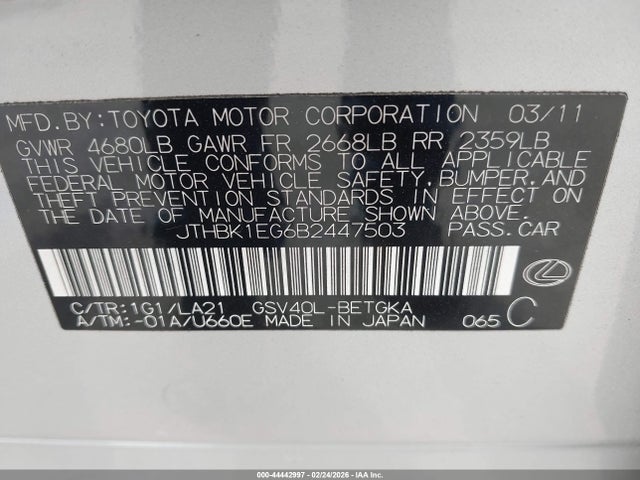 Aukcja sprzedaży 2011 Lexus Es 350, vin: JTHBK1EG6B2447503, numer aukcji: 44442997
