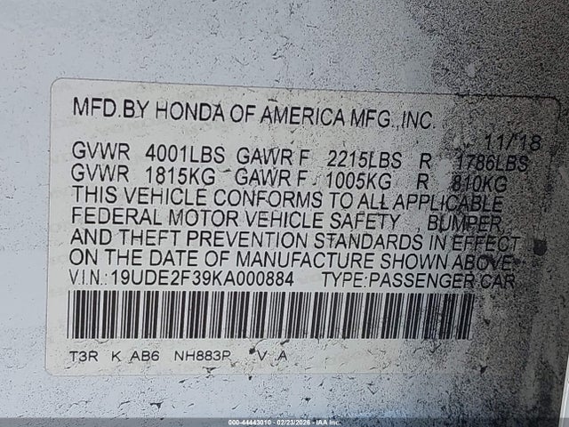 Продаж на аукціоні авто 2019 Acura Ilx Standard, vin: 19UDE2F39KA000884, номер лоту: 44443010