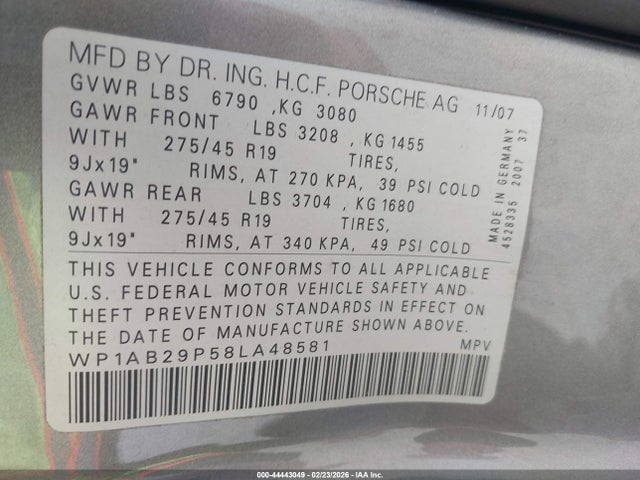 2008 Porsche Cayenne S მანქანა იყიდება აუქციონზე, vin: WP1AB29P58LA48581, აუქციონის ნომერი: 44443049