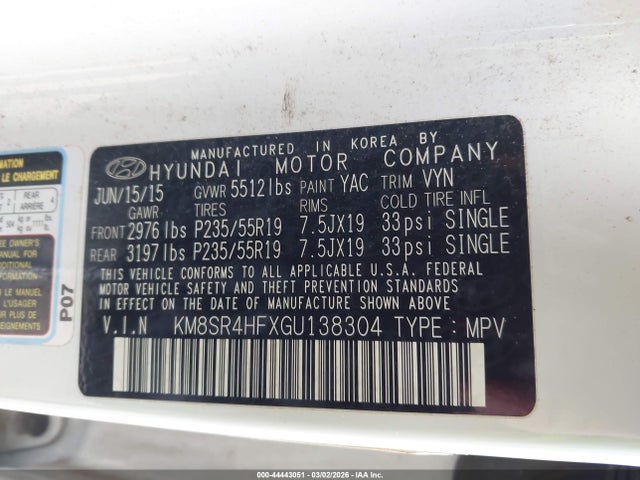 Aukcja sprzedaży 2016 Hyundai Santa Fe Limited, vin: KM8SR4HFXGU138304, numer aukcji: 44443051