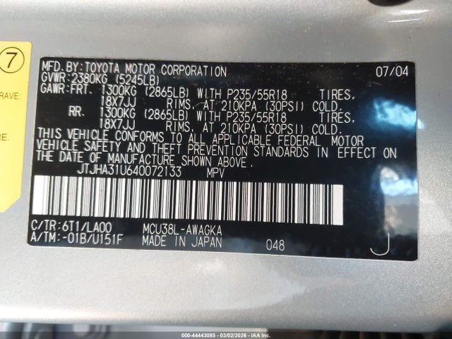 Aukcja sprzedaży 2004 Lexus Rx 330, vin: JTJHA31U640072133, numer aukcji: 44443085