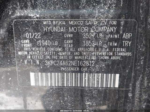Продаж на аукціоні авто 2022 Hyundai Accent Sel, vin: 3KPC24A62NE162812, номер лоту: 44443110