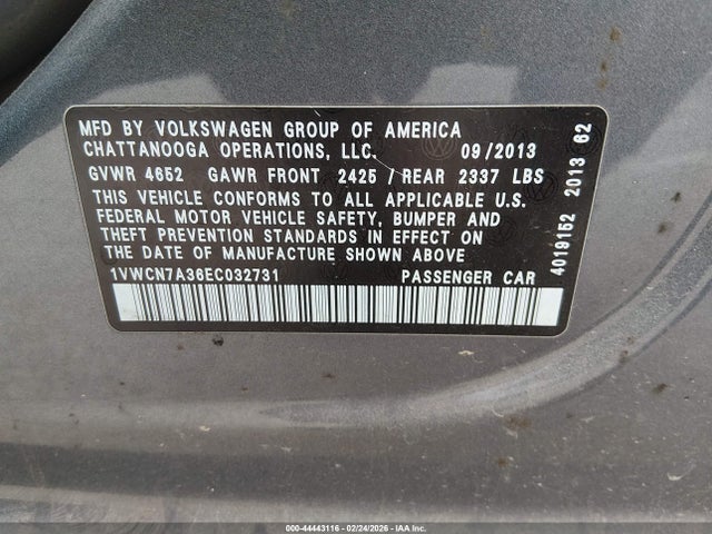 Auction sale of the 2014 Volkswagen Passat 2.0l Tdi Sel Premium, vin: 1VWCN7A36EC032731, lot number: 44443116