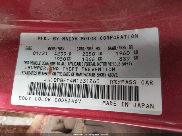 2021 Mazda Mazda3 2.5 Turbo Premium Plus მანქანა იყიდება აუქციონზე, vin: JM1BPBEY4M1331260, აუქციონის ნომერი: 44443126