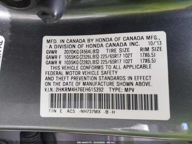 44443170 :رقم المزاد ، 2HKRM4H76EH615392 vin ، 2014 Honda Cr-v Ex-l مزاد بيع
