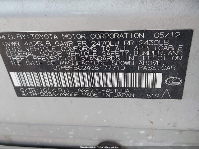 Aukcja sprzedaży 2012 Lexus Is 250, vin: JTHBF5C24C5177710, numer aukcji: 44443180
