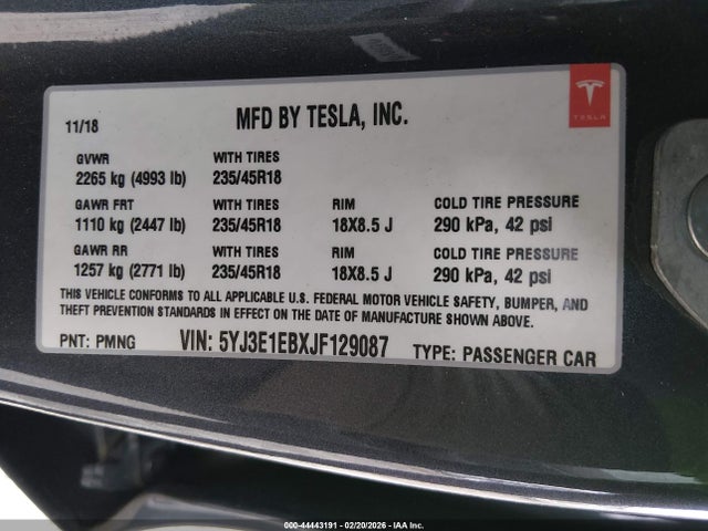 Aukcja sprzedaży 2018 Tesla Model 3 Long Range/performance, vin: 5YJ3E1EBXJF129087, numer aukcji: 44443191