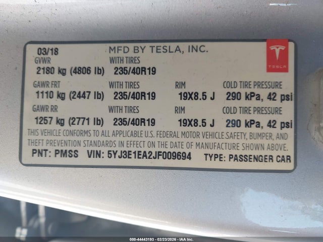 Aukcja sprzedaży 2018 Tesla Model 3 Long Range/mid Range, vin: 5YJ3E1EA2JF009694, numer aukcji: 44443193