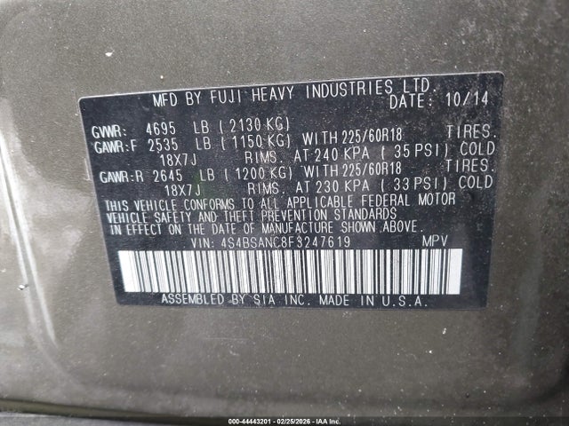 Subaru Outback 2.5i Limited 2015 4S4BSANC8F3247619 Image 9