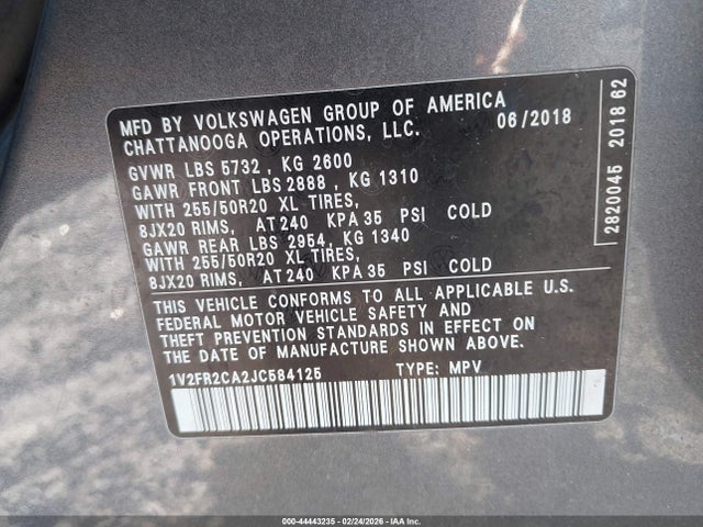Продажа на аукционе авто 2018 Volkswagen Atlas 3.6l V6 Se W/technology, vin: 1V2FR2CA2JC584125, номер лота: 44443235