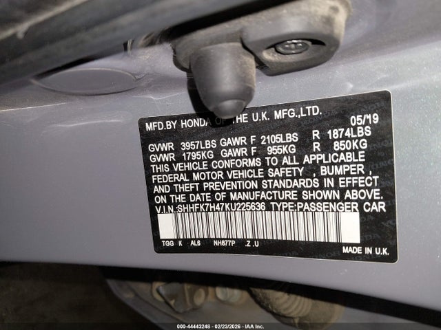SHHFK7H47KU225636 Honda Civic Sport
