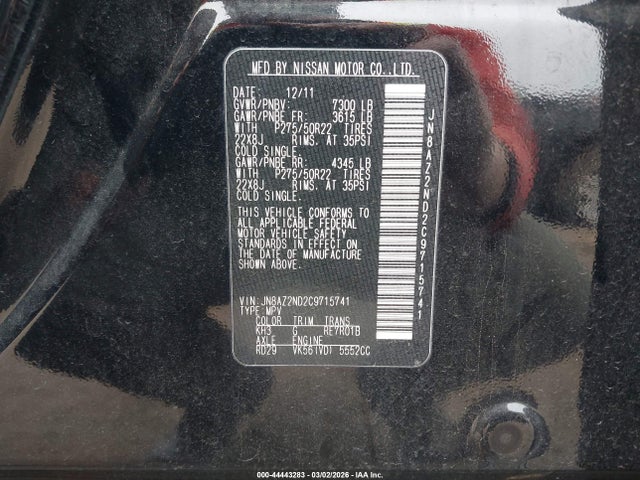 Продаж на аукціоні авто 2012 Infiniti Qx56, vin: JN8AZ2ND2C9715741, номер лоту: 44443283