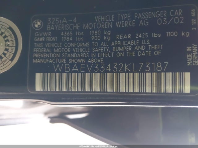 2002 Bmw 325i მანქანა იყიდება აუქციონზე, vin: WBAEV33432KL73187, აუქციონის ნომერი: 44443284