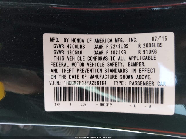 Honda ACCORD LX 2015 1HGCR2F38FA256164 Image 9