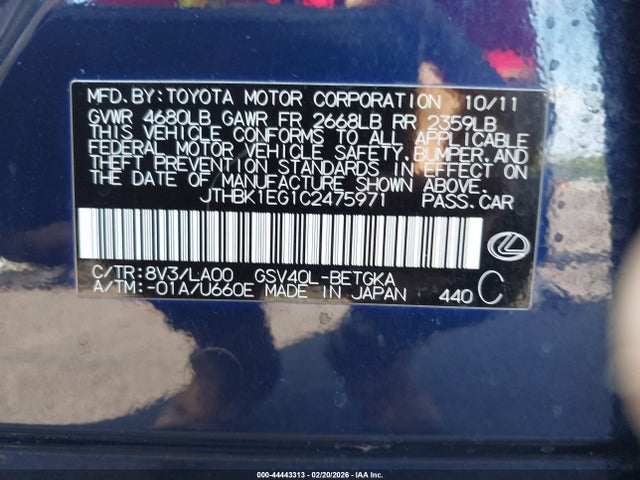 Продаж на аукціоні авто 2012 Lexus Es 350, vin: JTHBK1EG1C2475971, номер лоту: 44443313