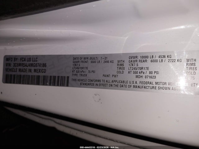 Продаж на аукціоні авто 2021 Ram 2500 Tradesman  4x4 8' Box, vin: 3C6MR5AJ4MG674186, номер лоту: 44443316