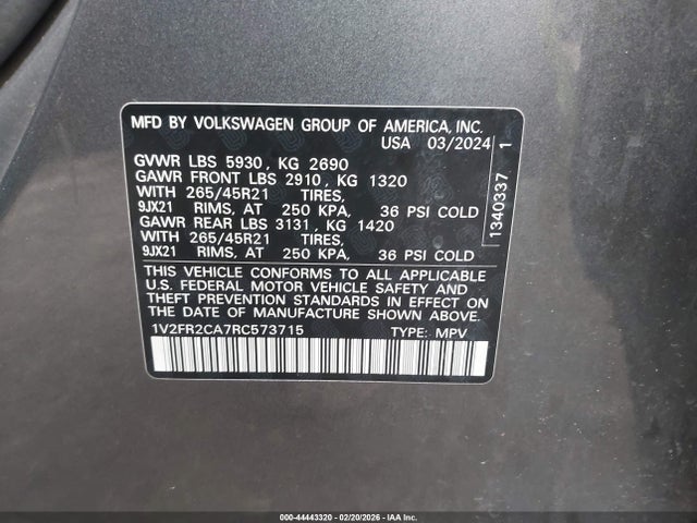 2024 Volkswagen Atlas 2.0t Sel Premium R-line მანქანა იყიდება აუქციონზე, vin: 1V2FR2CA7RC573715, აუქციონის ნომერი: 44443320