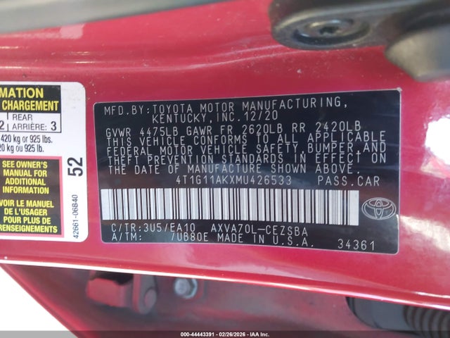 44443391 :رقم المزاد ، 4T1G11AKXMU426533 vin ، 2021 Toyota Camry Se مزاد بيع