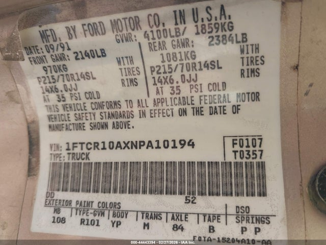 1992 FORD RANGER 1FTCR10AXNPA10194 Photo 8