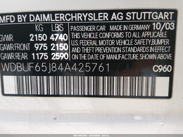 Aukcja sprzedaży 2004 Mercedes-benz E 320, vin: WDBUF65J84A425761, numer aukcji: 44443443