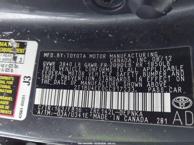 2012 TOYOTA COROLLA 2T1BU4EE0CC917233 Photo 8