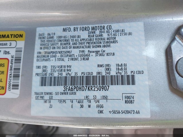 3FA6P0HD7KR250907 Ford FUSION SE