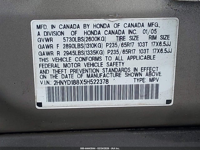 Aukcja sprzedaży 2005 Acura Mdx, vin: 2HNYD188X5H522378, numer aukcji: 44443544