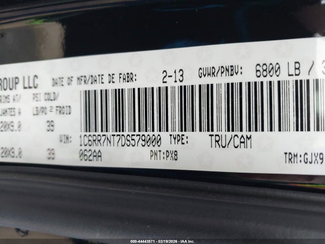 2013 Ram 1500 Laramie მანქანა იყიდება აუქციონზე, vin: 1C6RR7NT7DS579000, აუქციონის ნომერი: 44443571