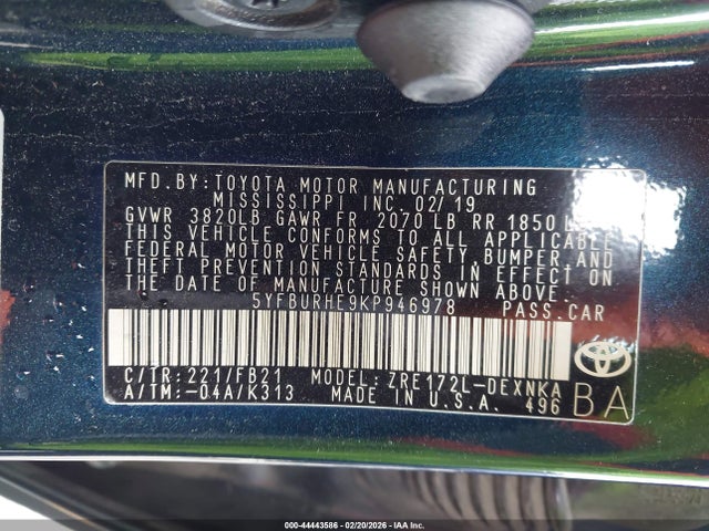 5YFBURHE9KP946978 Toyota COROLLA LE