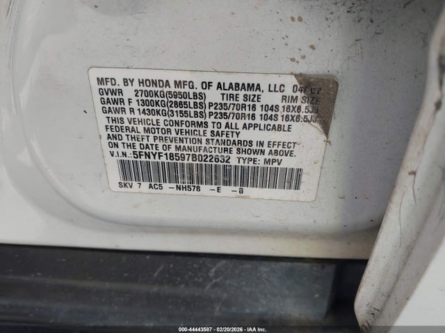 2007 HONDA PILOT 5FNYF18597B022632 Photo 8