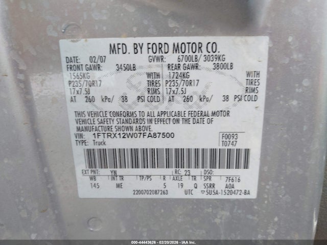 2007 FORD F-150 1FTRX12W07FA87500 Photo 8