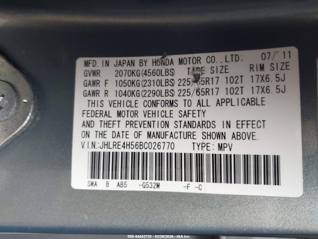 2011 Honda Cr-v Ex მანქანა იყიდება აუქციონზე, vin: JHLRE4H56BC026770, აუქციონის ნომერი: 44443720