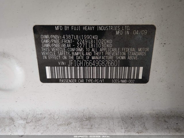 Продаж на аукціоні авто 2009 Subaru Impreza Wrx, vin: JF1GH76649G826601, номер лоту: 44443722