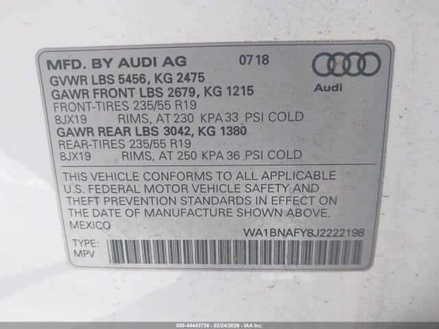 44443726 :رقم المزاد ، WA1BNAFY8J2222198 vin ، 2018 Audi Q5 مزاد بيع