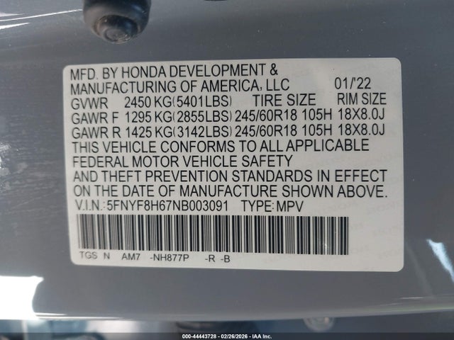 5FNYF8H67NB003091 Honda Passport Awd Trailsport