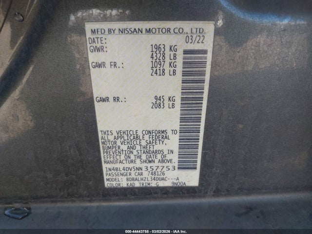 1N4BL4DV5NN357753 Nissan Altima Sv Fwd