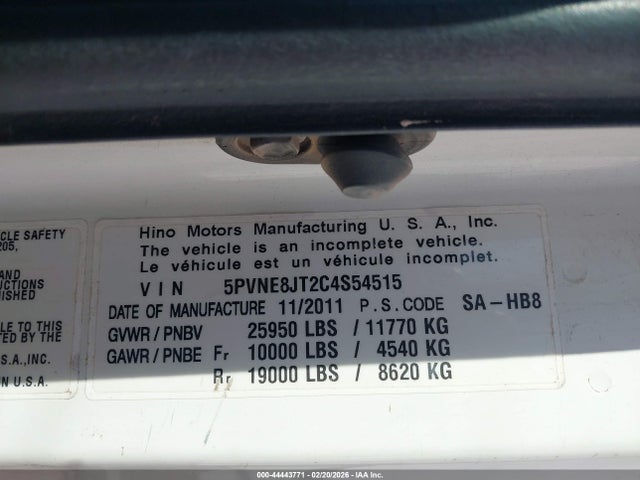 Продаж на аукціоні авто 2012 Hino Rf 268, vin: 5PVNE8JT2C4s54515, номер лоту: 44443771