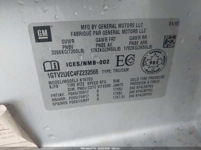 Aukcja sprzedaży 2015 Gmc Sierra 1500 Sle, vin: 1GTV2UEC4FZ232566, numer aukcji: 44443775
