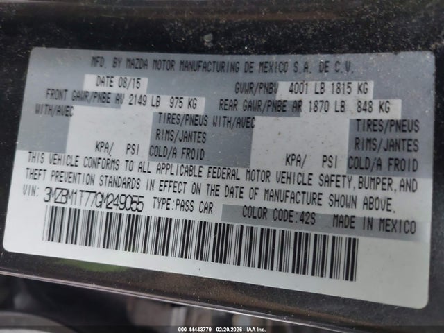 44443779 :رقم المزاد ، 3MZBM1T77GM249055 vin ، 2016 Mazda Mazda3 I Sport مزاد بيع