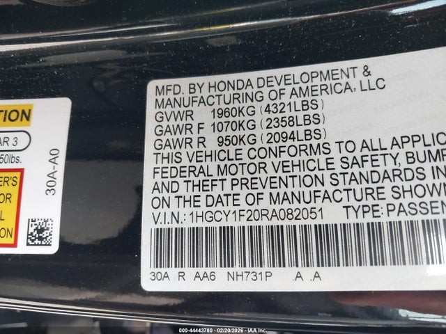 1HGCY1F20RA082051 Honda ACCORD LX