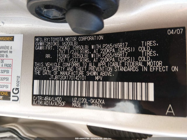 44443784 :رقم المزاد ، JTJBT20X170142101 vin ، 2007 Lexus Gx 470 مزاد بيع