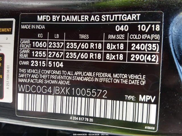 44443826 :رقم المزاد ، WDC0G4JBXK1005572 vin ، 2019 Mercedes-benz Glc 300 مزاد بيع