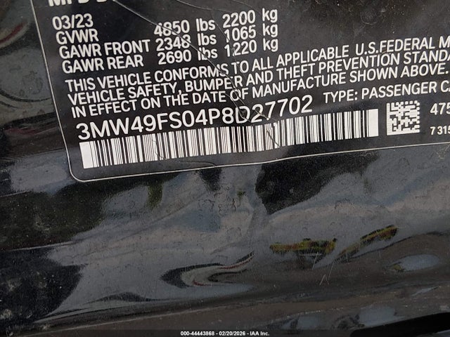 44443868 :رقم المزاد ، 3MW49FS04P8D27702 vin ، 2023 Bmw 3 Series M340i مزاد بيع