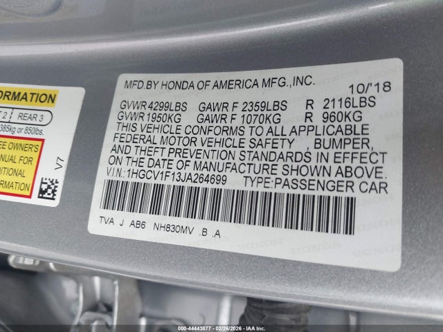 2018 Honda Accord Lx მანქანა იყიდება აუქციონზე, vin: 1HGCV1F13JA264699, აუქციონის ნომერი: 44443877