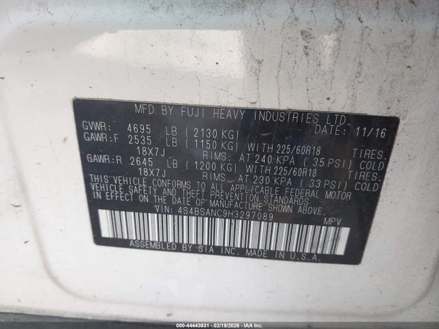2017 Subaru Outback 2.5i Limited მანქანა იყიდება აუქციონზე, vin: 4S4BSANC9H3297089, აუქციონის ნომერი: 44443931