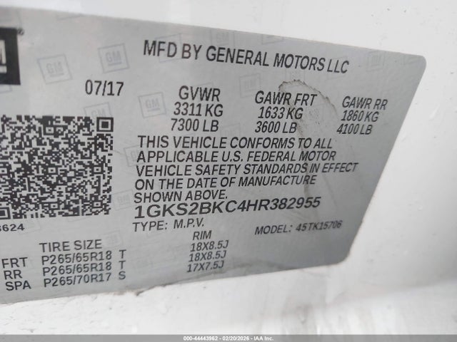 1GKS2BKC4HR382955 GMC YUKON SLT