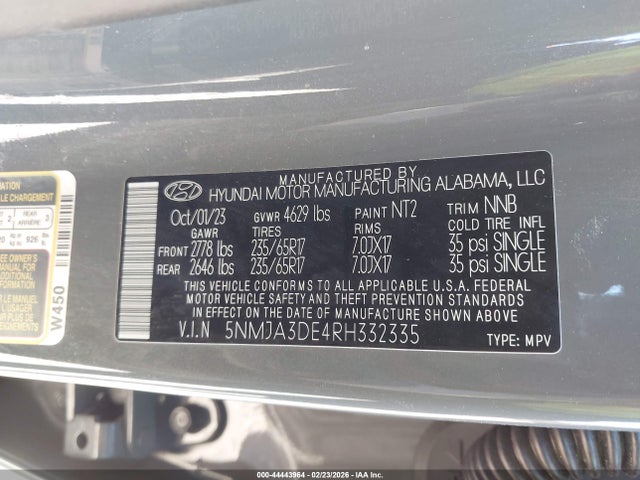 Продажа на аукционе авто 2024 Hyundai Tucson Se, vin: 5NMJA3DE4RH332335, номер лота: 44443964