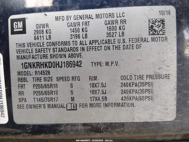 1GNKRHKD0HJ186942 Chevrolet Traverse 2lt