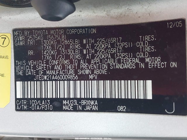 2006 Toyota Highlander Hybrid Limited V6 მანქანა იყიდება აუქციონზე, vin: JTEDW21A460009856, აუქციონის ნომერი: 44444014